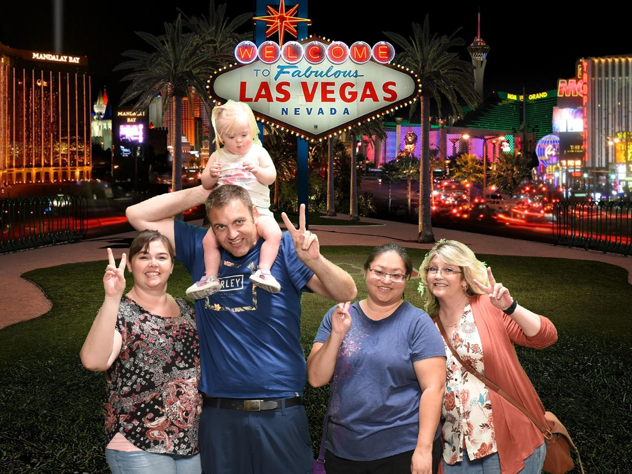 A group of five people, including a child on a man's shoulders, pose happily in front of the illuminated Las Vegas sign. This image reflects…| A Non Profit For Caregivers | Christopher Smith Foundation