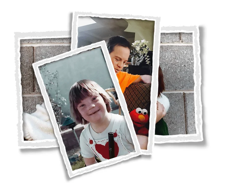 through the years Three overlapping photos show joyful moments: a child with Down syndrome smiling, an adult holding an Elmo toy, and a caregiver’s hand. This image embodies the Christopher Smith Foundation's mission of caregiver support and disability advocacy.| A Non Profit For Caregivers | Christopher Smith Foundation