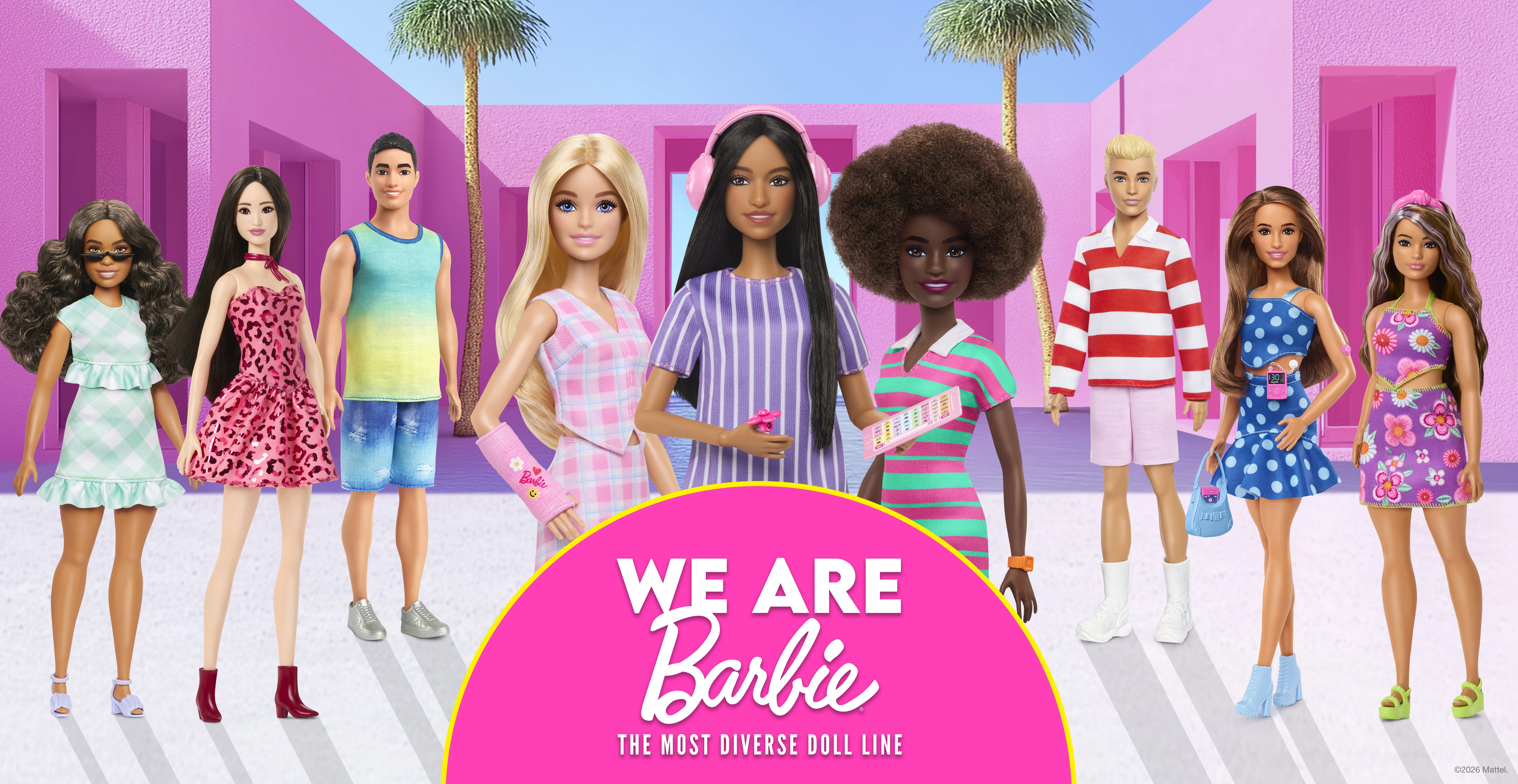 A group of diverse dolls stands in front of a bright pink building, showcasing various styles and appearances, emphasizing the importance of caregiver recognition within the disability community.| A Non Profit For Caregivers | Christopher Smith Foundation